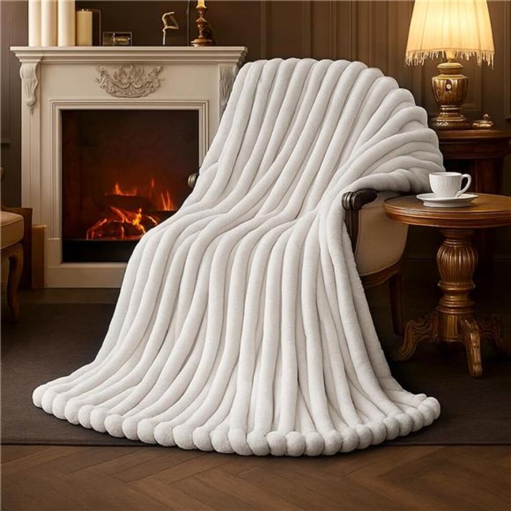 Faux Fur Throw Blanket Cozy Soft Plush Fuzzy Striped Blanket Couch Sofa Bedroom